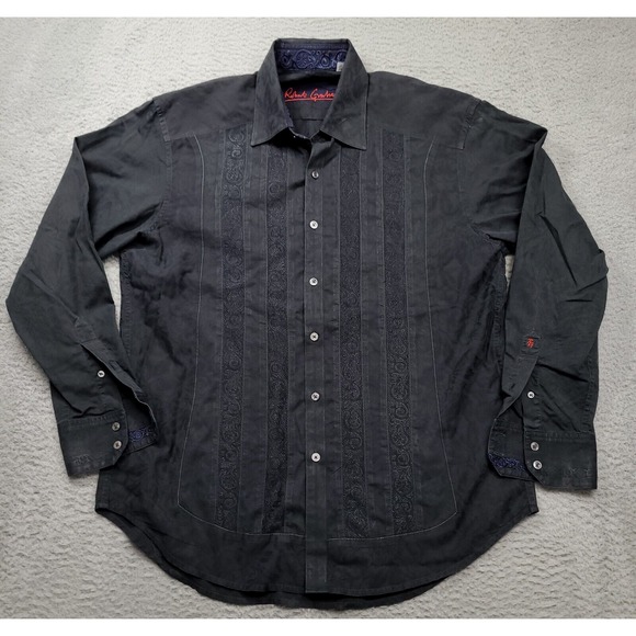 Robert Graham Men's L Dress Shirt Black Floral Lace Embroidered Flip Cuff - Picture 1 of 10